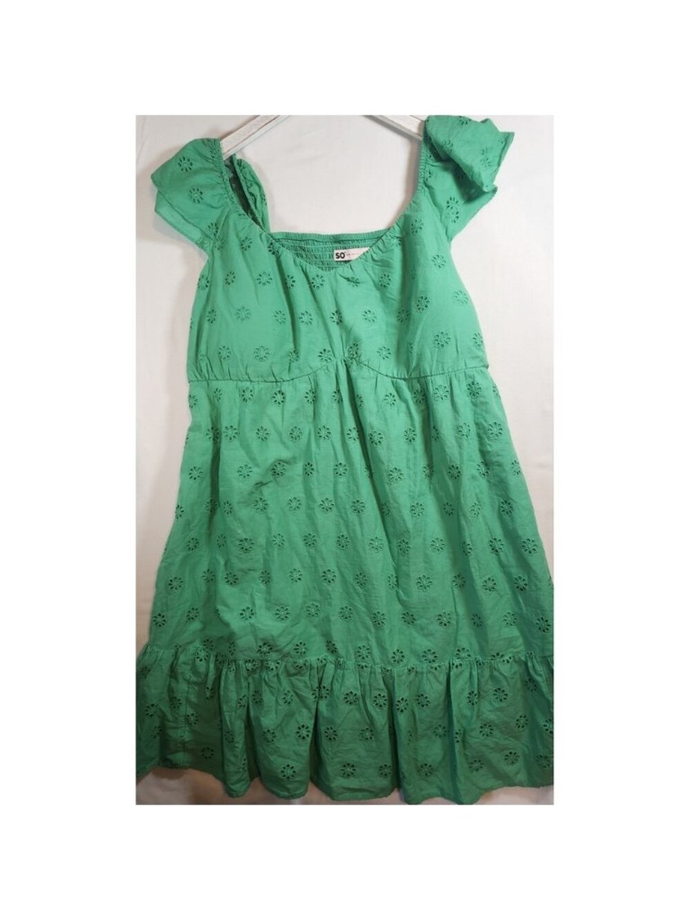 SO Goods For Life Green Eyelet Cotton Mini Dress XXL Smocked Back Flutter Sleeve
